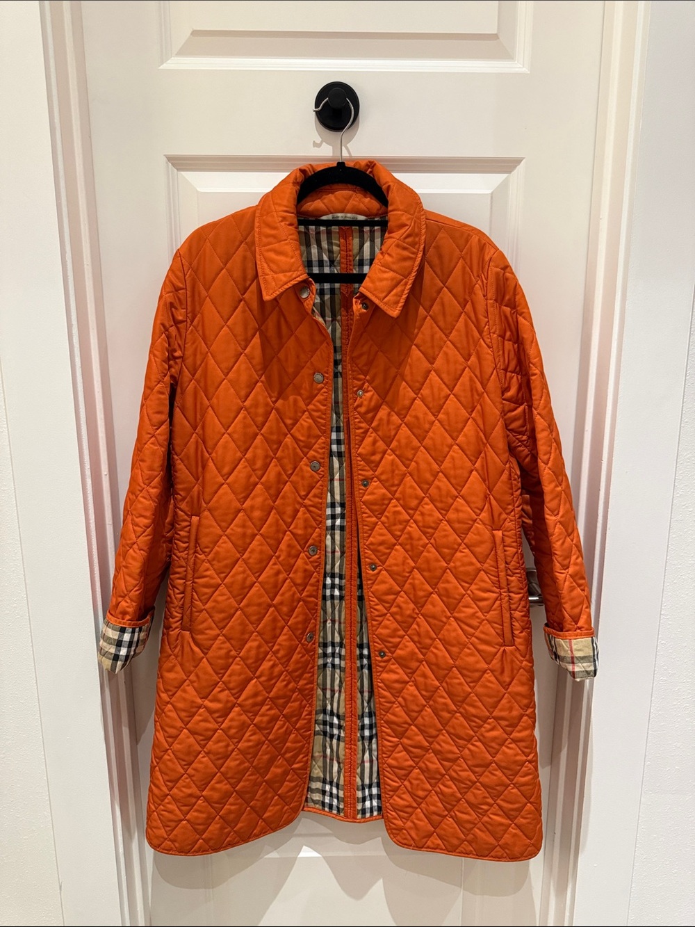 Burberry Orange Quilted Women's Coat with Check Lining